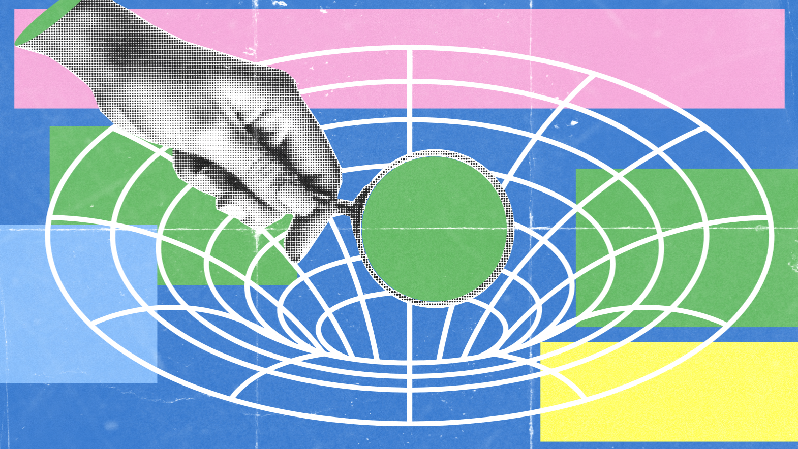 A stylized hand points toward the center of a white geometric grid, resembling a conversion rate optimization vortex, set against a colorful background of blue, pink, green, and yellow rectangles. The central oval shape is green.