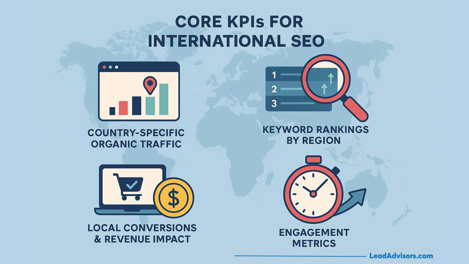 Infographic titled “Core KPIs for International SEO” with icons and four sections: country-specific organic traffic, keyword rankings by region, international SEO conversions & revenue impact, and engagement metrics.
