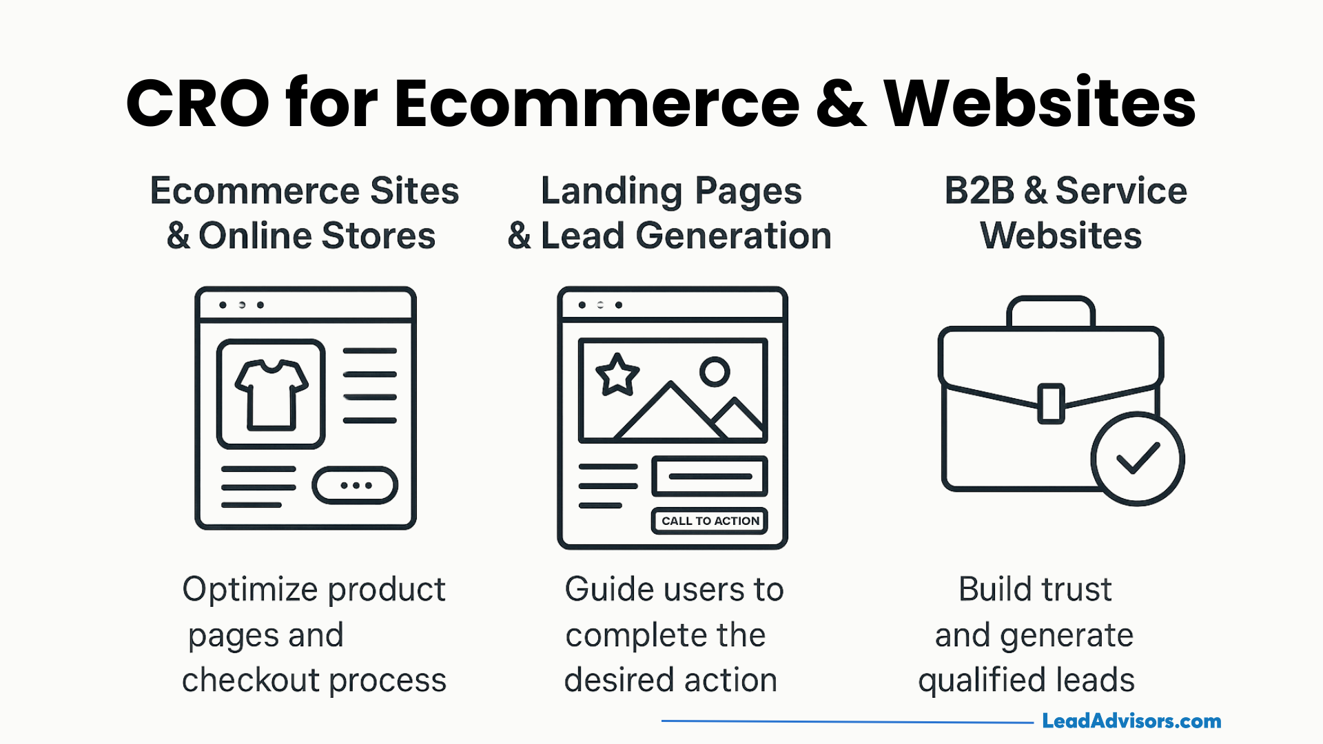 Infographic titled CRO for Ecommerce & Websites showing three sections: Ecommerce Sites, Landing Pages, and B2B Websites, each with an icon and brief description of conversion optimization strategies.