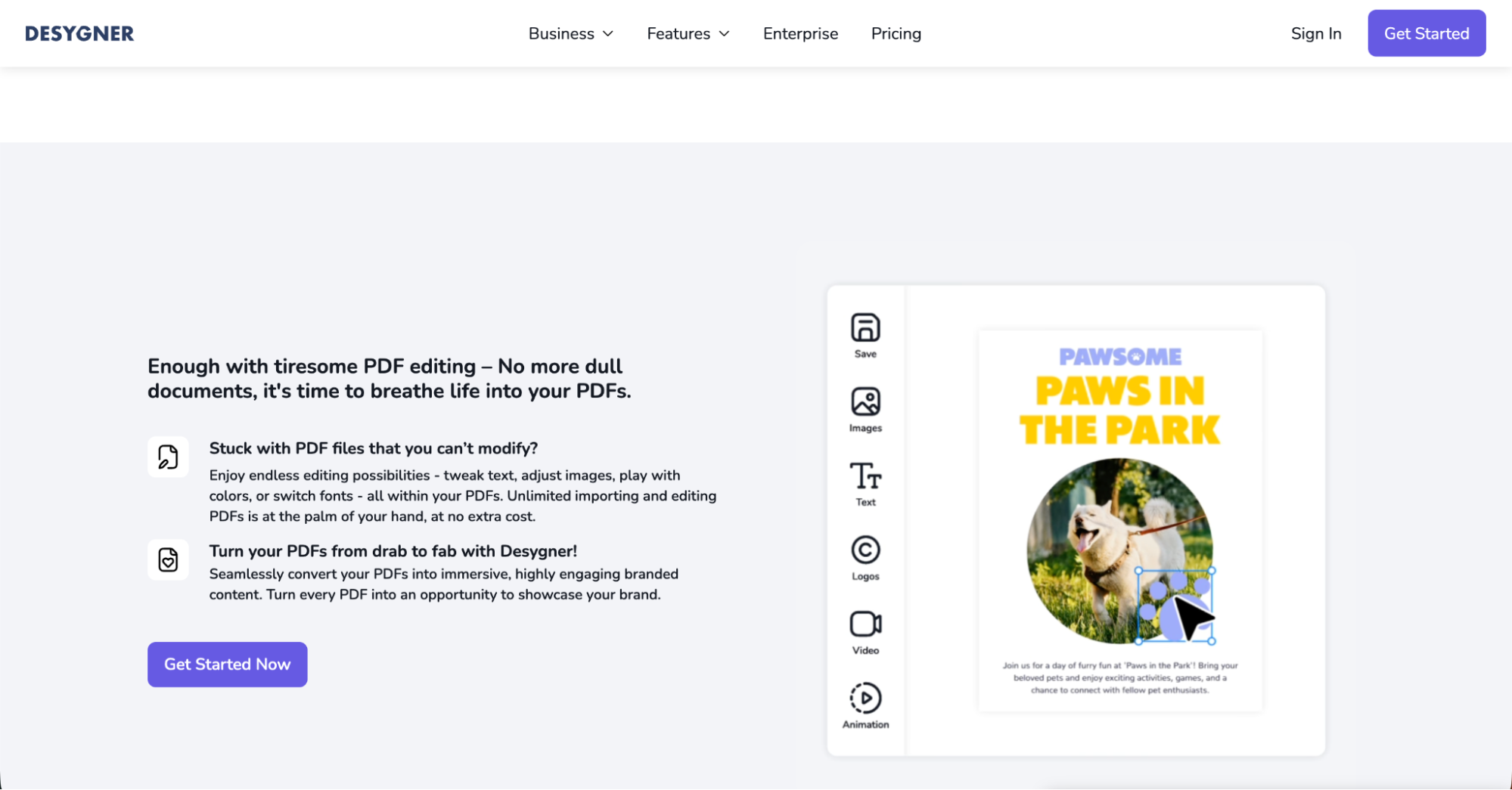 A website screenshot shows Desygner, a PDF editor and one of the top Canva alternatives. The left panel highlights easy editing and brand customization, while the right displays a sample PDF titled Paws in the Park with a dog and woman outdoors.