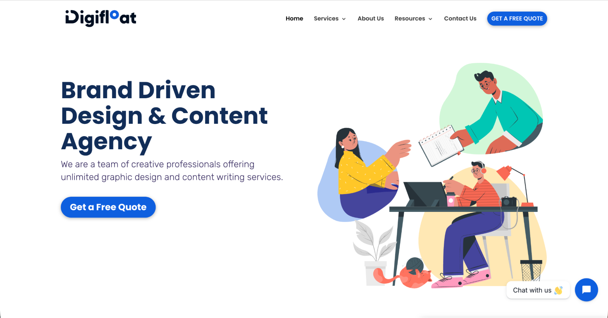 A website homepage for a design and content agency features an illustration of three people collaborating with a laptop, graphics, and documents, alongside text showcasing creative services and highlighting canva alternatives for design needs.