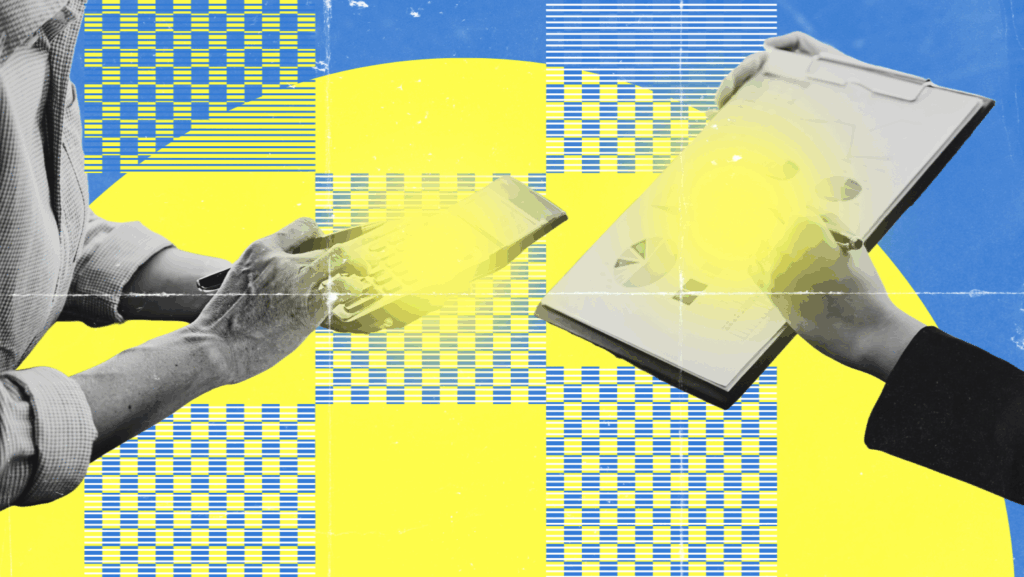 Two people’s hands: one holding a calculator, the other a clipboard with charts—perhaps discussing an SEO proposal. The abstract background features blue, yellow, and grid patterns.