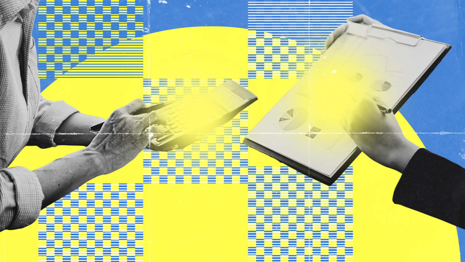 Two people’s hands: one holding a calculator, the other a clipboard with charts—perhaps discussing an SEO proposal. The abstract background features blue, yellow, and grid patterns.