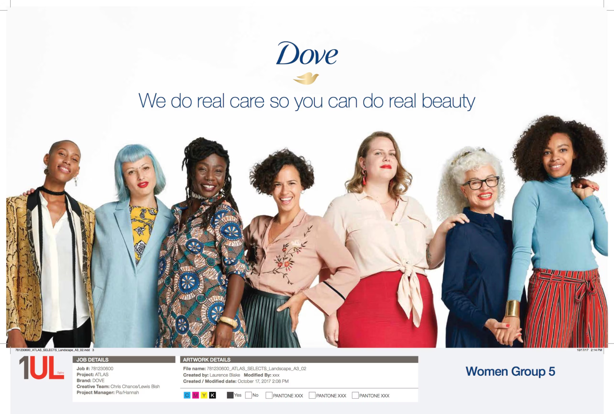 Seven diverse women of different ages, ethnicities, and styles stand together smiling in front of a white background with the Dove logo and the text, “We do real care so you can do real beauty”—a perfect highlight for your Social Media Plan.