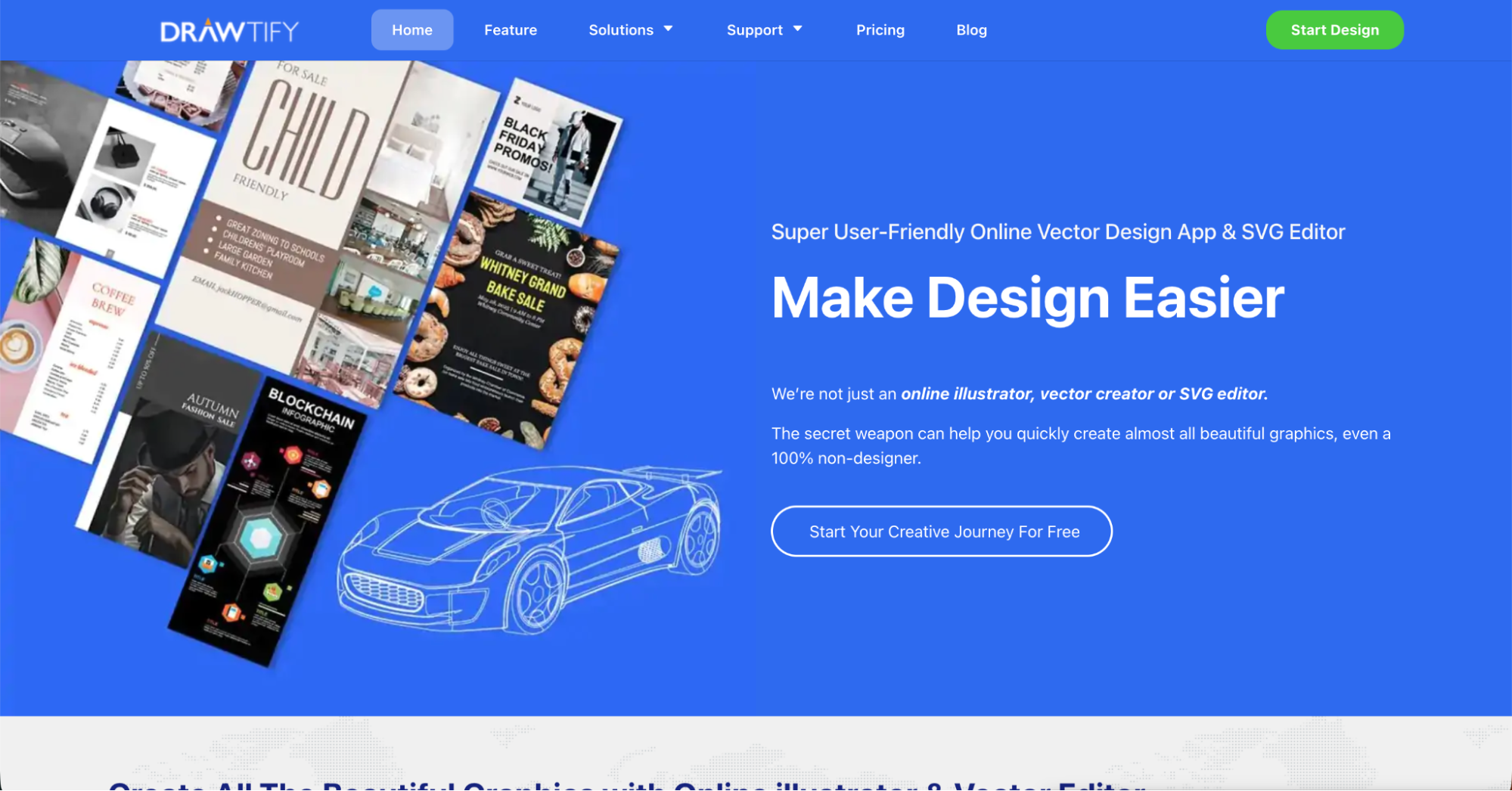 Screenshot of the Drawify website homepage featuring a blue background, a collage of design templates on the left, and text describing Drawify as an online vector design tool and one of the top Canva alternatives, with a car sketch graphic in the center.