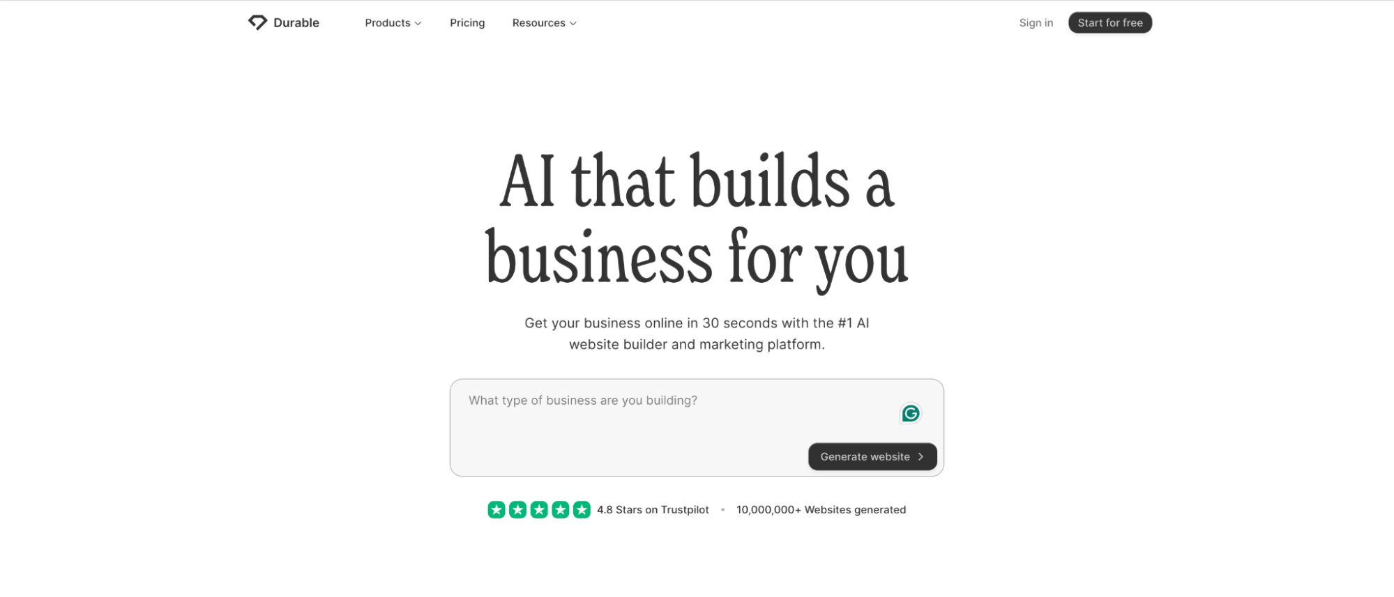 Screenshot of Durables homepage displaying the headline AI that builds a business for you, a text box asking for the type of business, and buttons for generating a website and signing in or starting for free.