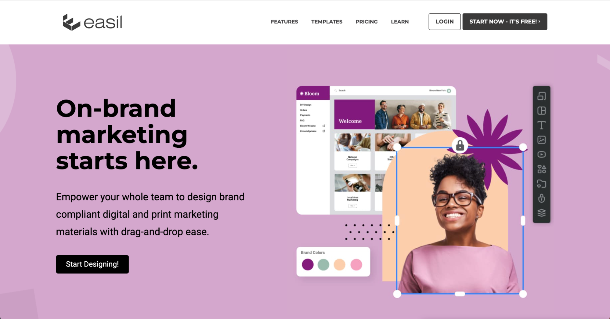 A website homepage with a purple background promotes on-brand marketing, features a “Start Designing!” button, and displays a smiling woman in a design interface—perfect for those seeking Canva alternatives with color palettes and editing tools.