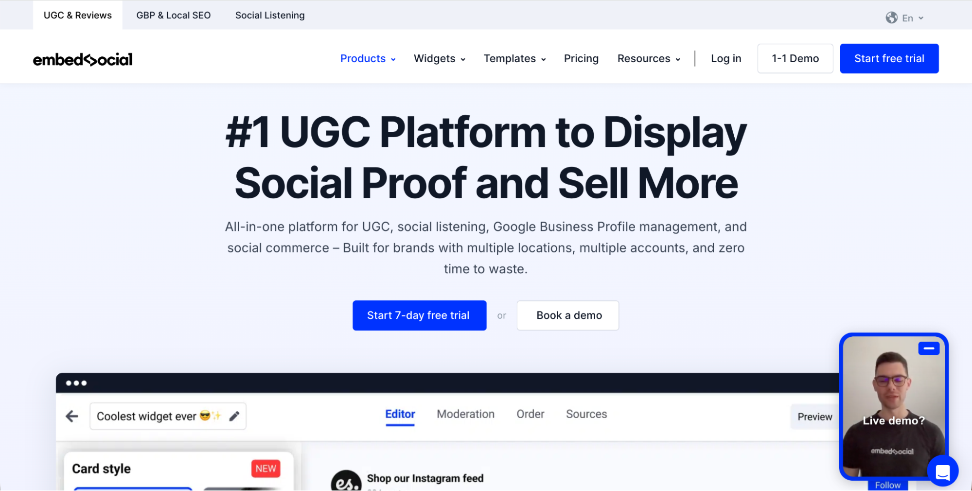 Screenshot of a website advertising a UGC (User Generated Content) platform to display social proof and boost sales, featuring Linktree Alternatives, a blue Start 7-day free trial button, a Book a demo button, and two people on a video call.
