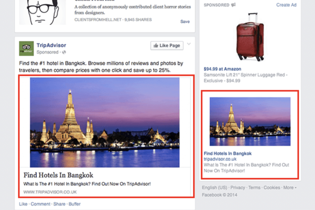 A Facebook ad for TripAdvisor features a nighttime photo of Wat Arun temple in Bangkok, brightly illuminated and reflected in the river, with text promoting hotel bookings in Bangkok.