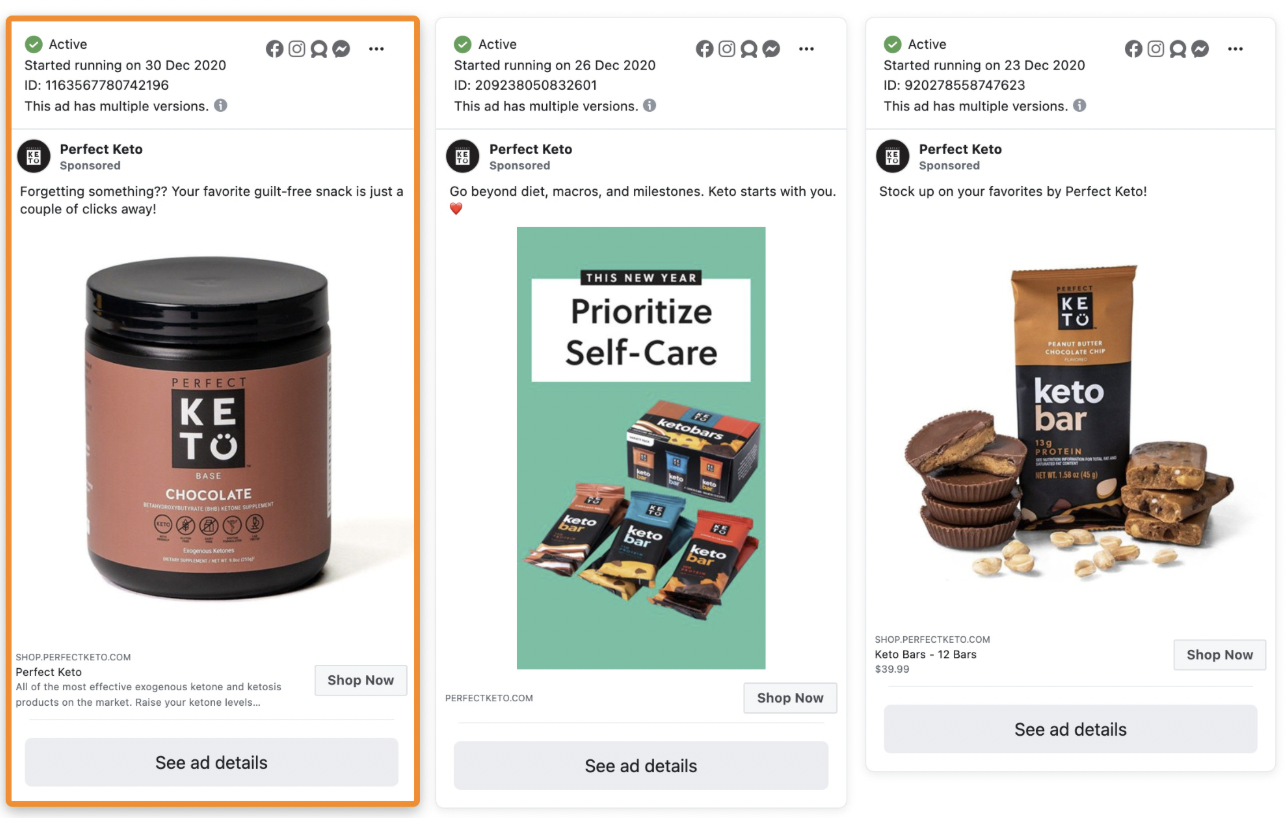 Three social media ads for Perfect Keto products: a chocolate-flavored powder in a black container, assorted keto snack bars in colorful boxes, and various keto bars with chocolate pieces and nuts arranged beside them.