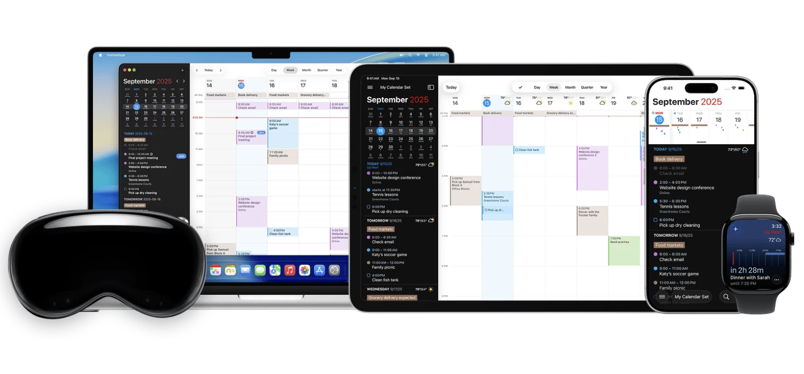 A Vision Pro headset, MacBook, iPad, iPhone, and Apple Watch display synchronized calendar apps for September 2025, showing events and tasks on different Apple devices.