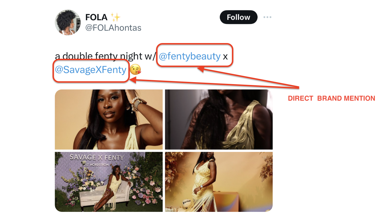 A tweet by @FOLAhontas features four photos of a woman in Fenty products, with Brand Mentions of @SavageXFenty and @fentybeauty clearly highlighted and labeled DIRECT BRAND MENTION.