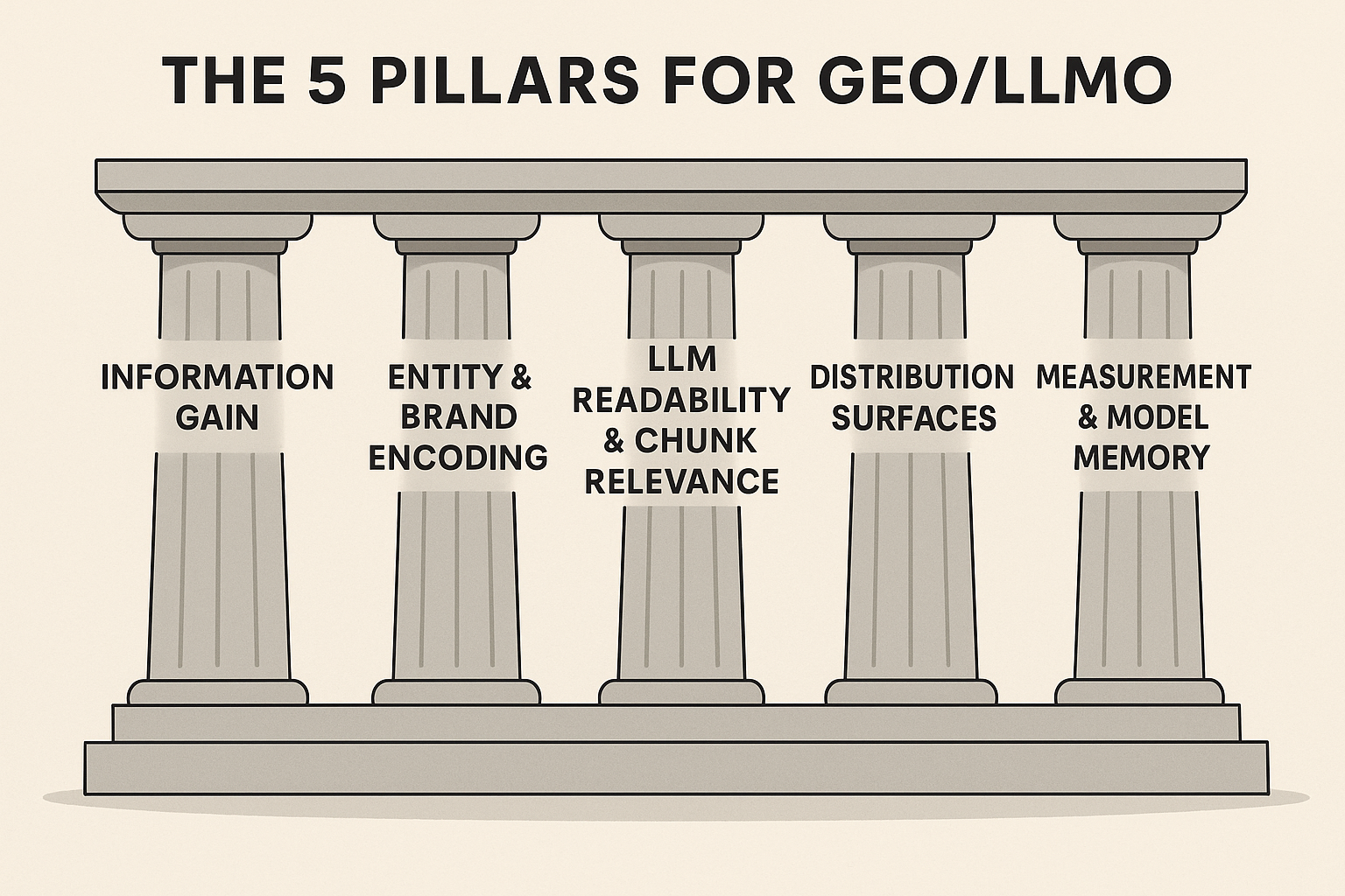 A graphic of five stone pillars labeled: INFORMATION GAIN, ENTITY & BRAND ENCODING, LLM READABILITY & CHUNK RELEVANCE, DISTRIBUTION SURFACES, and MEASUREMENT & MODEL MEMORY. Title: THE 5 PILLARS FOR LLMO vs. GEO vs. AEO.