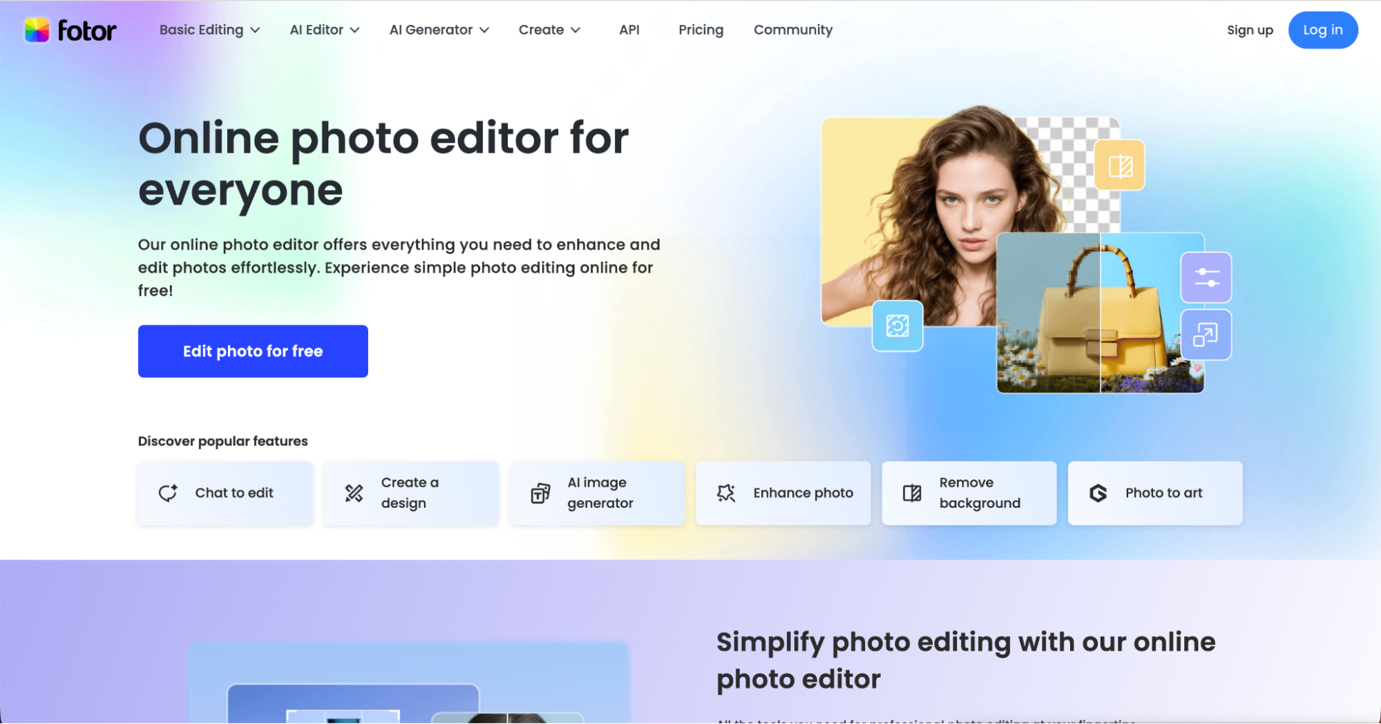 Screenshot of Fotor’s homepage featuring the headline “Online photo editor for everyone,” various editing options like “Enhance photo” and “Remove background,” sign-up buttons, images of a woman and a travel scene, and highlights as one of the top Canva alternatives.