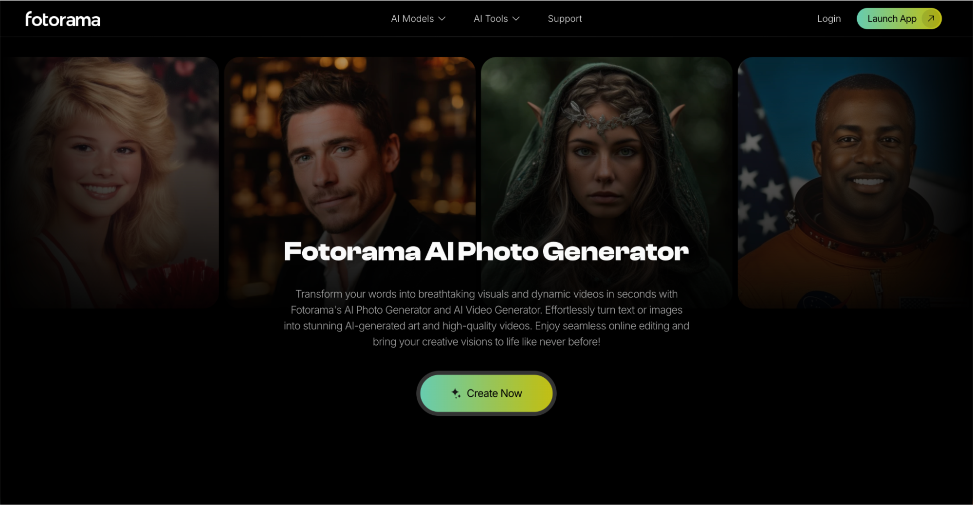 A dark-themed webpage for Fotorama AI Photo Generator displays portraits of a woman, a man, a fantasy elf, and an astronaut. Central text highlights the AI photo generator as one of the top Canva alternatives, with a green Create Now button below.
