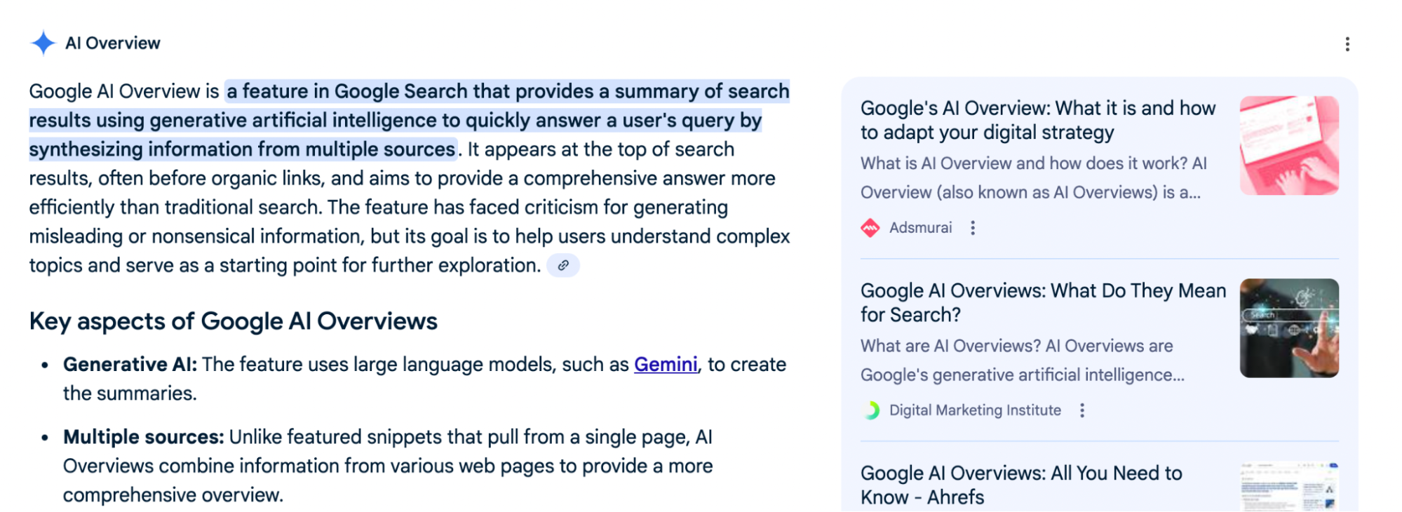 Screenshot of a Google Search result for AI Overview, highlighting AI-generated summaries using info from multiple sources. Cards on the right compare features like LLMO vs. GEO vs. AEO, and list related questions and sources.