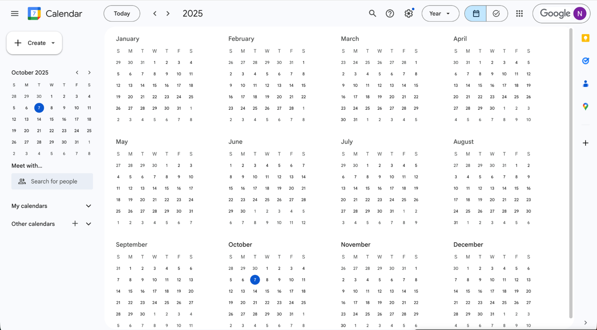A best digital calendar displaying all months of 2025, with October 16th selected. The interface features navigation buttons, a search bar, and sidebar menu options for easy organization and planning.