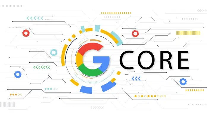 Google logo with colorful digital circuit graphics and the word CORE in bold black letters, representing Google’s core technology and the google september core update concept.