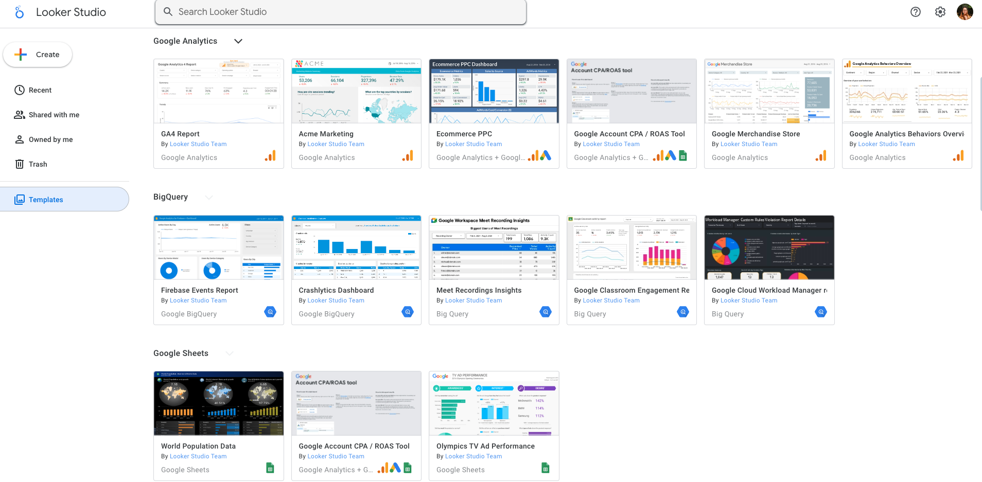 Screenshot of the Looker Studio homepage featuring templates for Google Analytics, BigQuery, and Google Sheets reports—ideal for SEO Reposting—with a navigation sidebar on the left and user account icons in the top right.