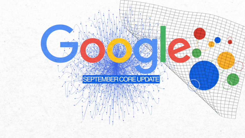 The Google logo with blue network lines and abstract shapes in the background, and a label reading google september core update underneath the letters.