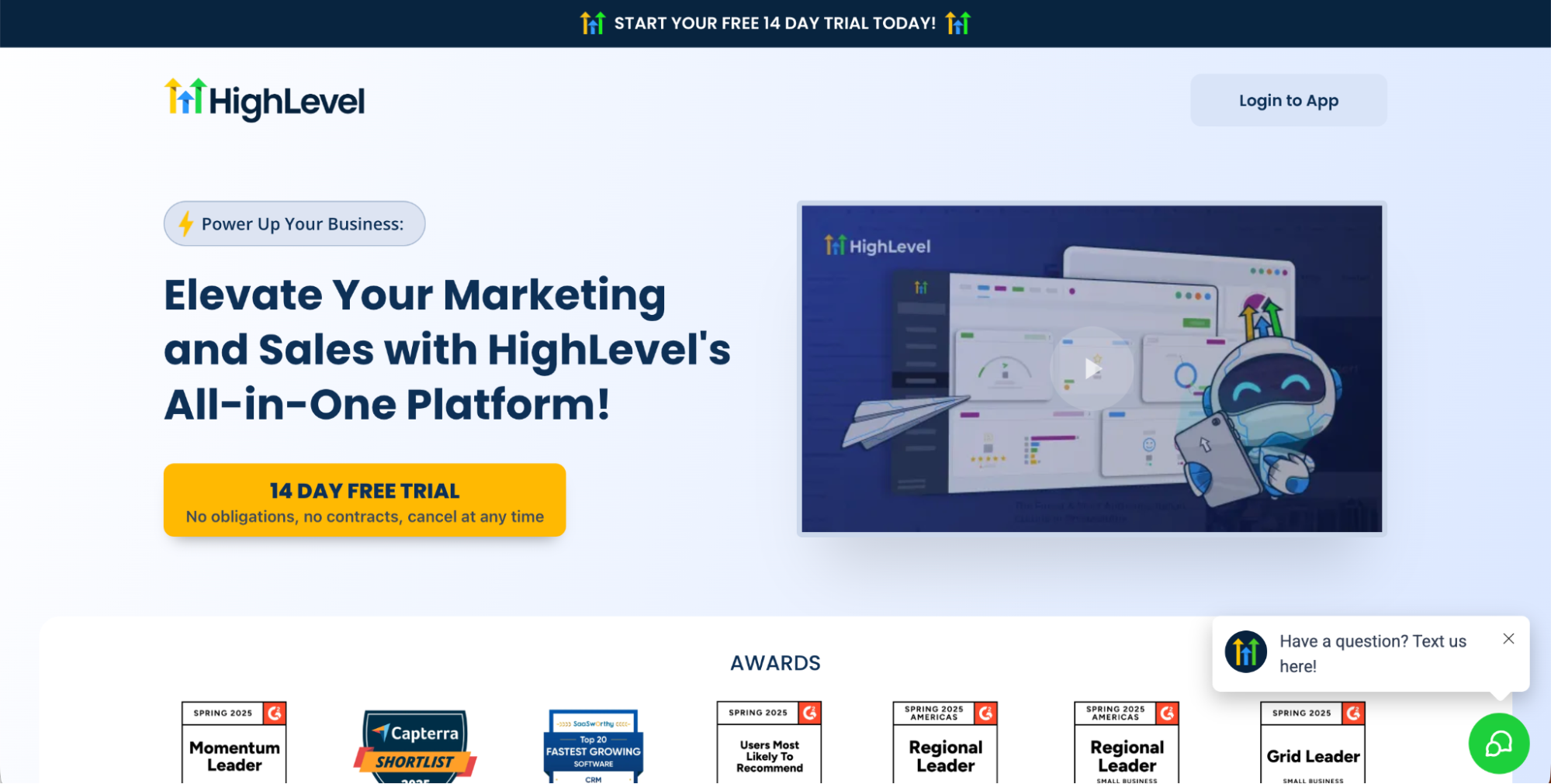 Screenshot of HighLevel’s website homepage, showcasing its all-in-one marketing platform as one of the top Linktree alternatives, a dashboard graphic with a robot mascot, a “14 Day Free Trial” button, and a row of award badges at the bottom.