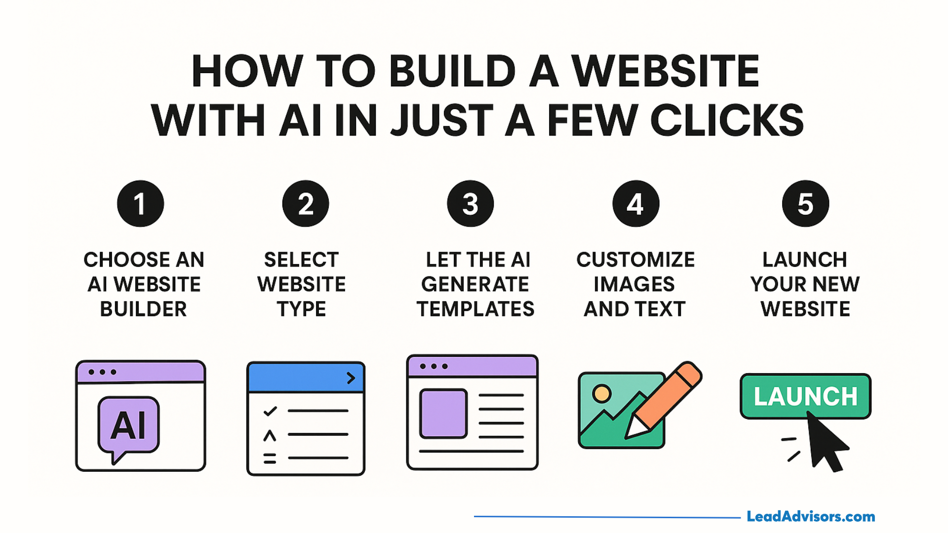 Infographic titled How to Build a Website with AI in Just a Few Clicks, showing five steps with icons: choose AI builder, select website type, let AI generate templates, customize, and launch your website.