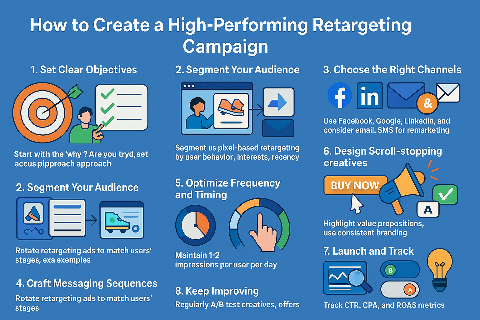An infographic titled How to Create a High-Performing Retargeting Campaign lists 7 steps with icons, covering objectives, audience segmentation, channels, messaging, timing, creatives, and tracking results in a blue color scheme.