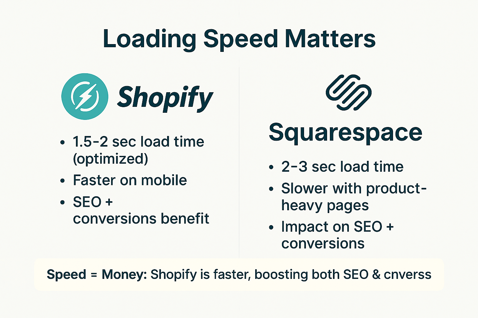 A comparison chart of Shopify vs Squarespace shows Shopify’s 1.5–2 sec load time, mobile optimization, and SEO benefits, while Squarespace lags with 2–3 sec loads and slower speeds; Shopify speed boosts SEO and conversions.