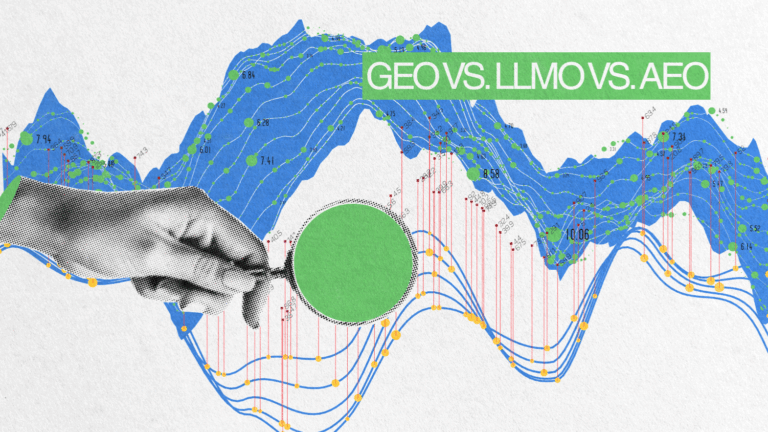 A collage-style image shows a hand holding a green magnifying glass over blue and green overlapping data graphs. The text “LLMO vs. GEO vs. AEO” appears prominently in a green box.