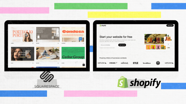 Two tablets display website builder homepages: one for Squarespace with image-heavy templates, and the other for Shopify’s product-focused layout, highlighting the shopify vs squarespace comparison on a colorful, striped background.