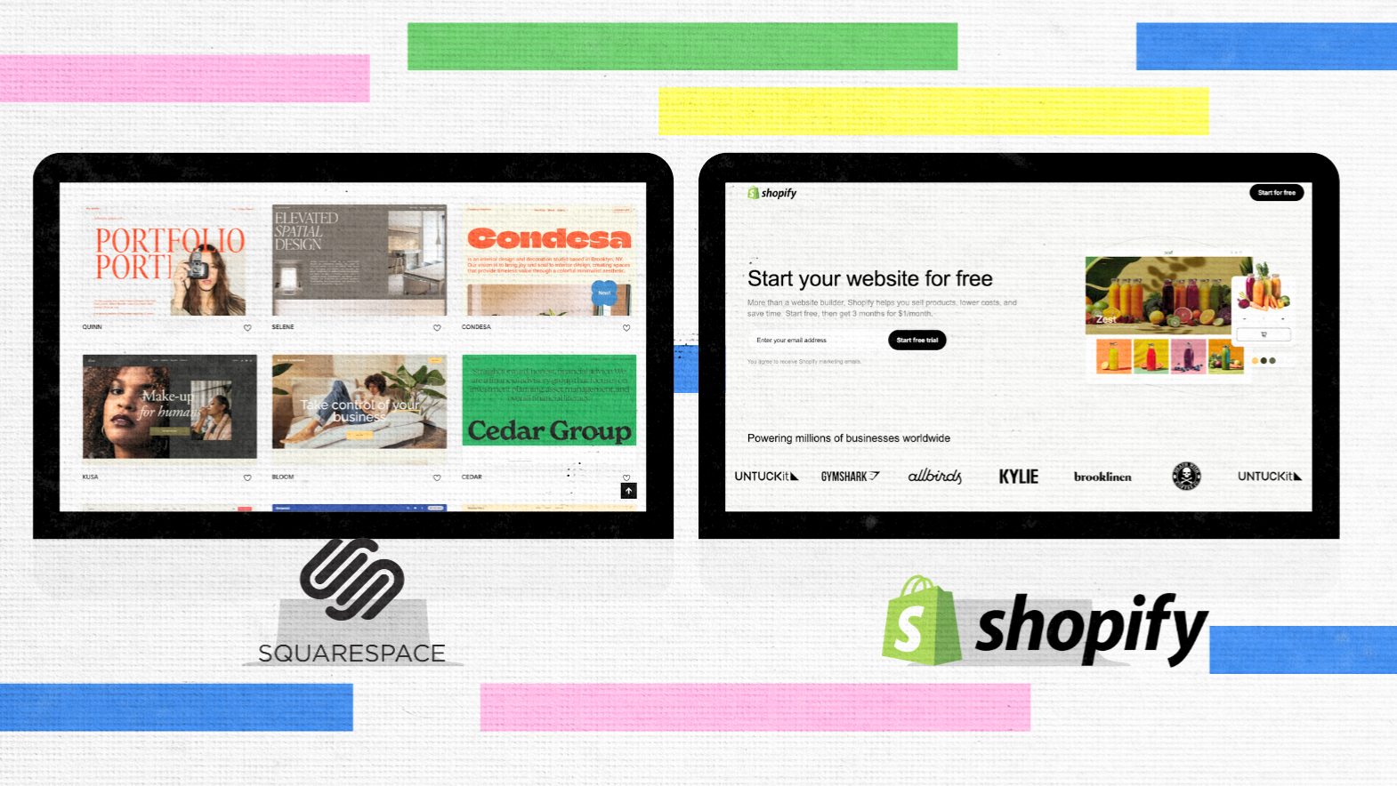 Two tablets display website builder homepages: one for Squarespace with image-heavy templates, and the other for Shopify’s product-focused layout, highlighting the shopify vs squarespace comparison on a colorful, striped background.