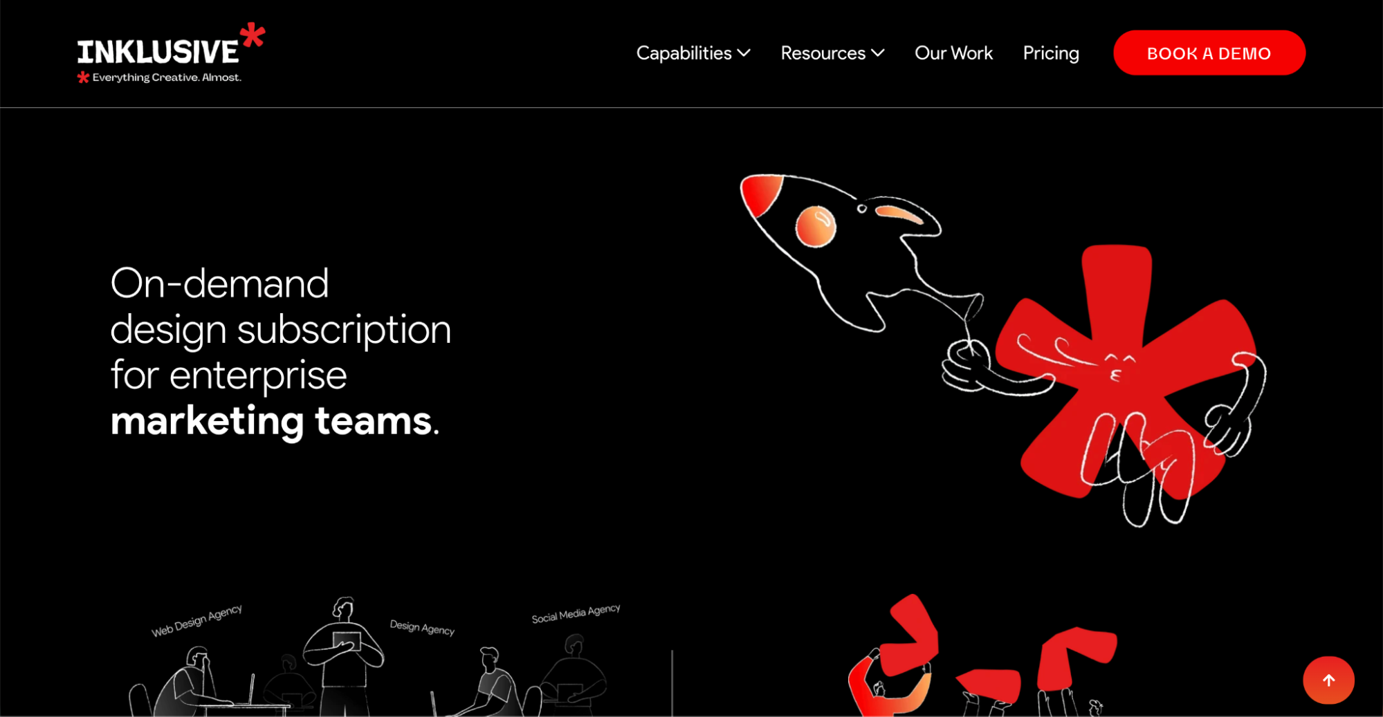 A black website homepage for Inklusive features bold white text promoting on-demand design for marketing teams and canva alternatives, with a red rocket and abstract shapes on the right, and sketched figures working at desks along the bottom.