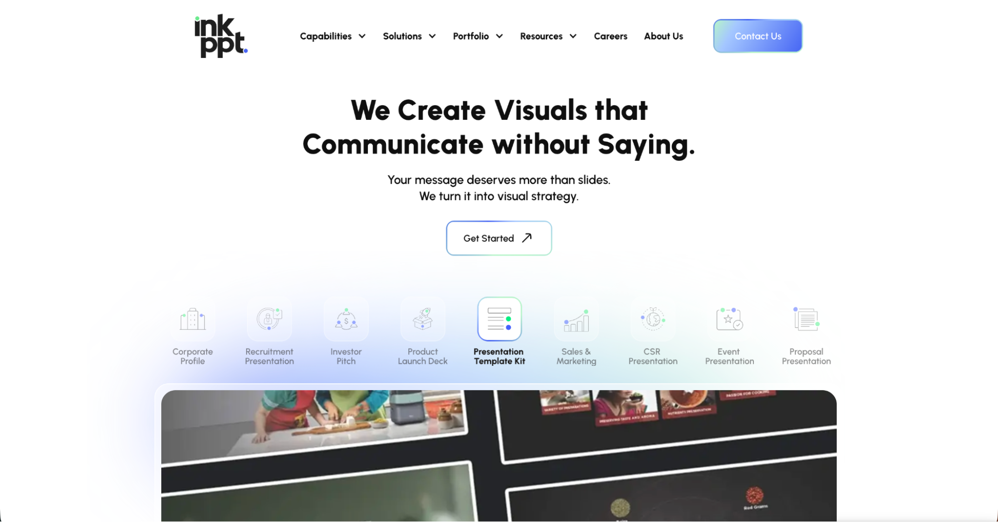 Screenshot of Inkppt’s homepage highlighting the text “We Create Visuals that Communicate without Saying,” with a sleek navigation menu, “Get Started” button, and icons for services—ideal for those seeking Canva alternatives.