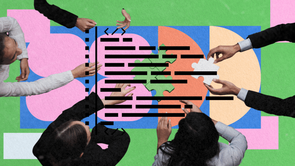 Five people work together to fit puzzle pieces onto a colorful background, with blacked-out lines and arrows overlaying the image, symbolizing teamwork, international SEO strategy, and hidden information.