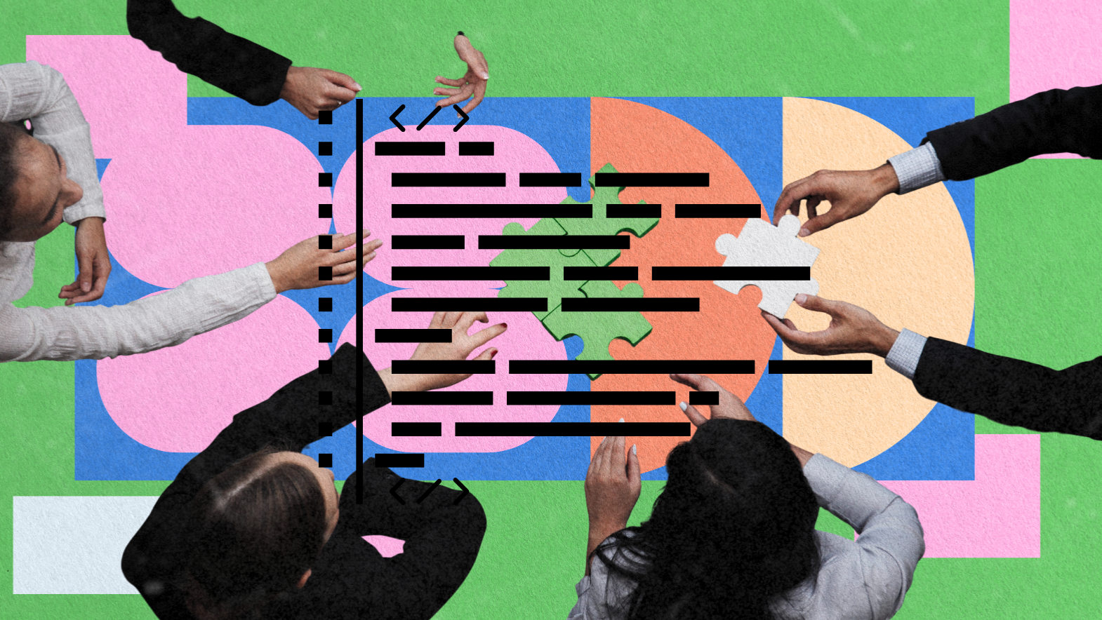 Five people work together to fit puzzle pieces onto a colorful background, with blacked-out lines and arrows overlaying the image, symbolizing teamwork, international SEO strategy, and hidden information.