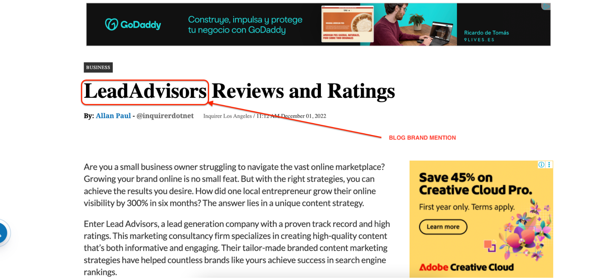 Screenshot of a webpage titled LeadAdvisors Reviews and Ratings, featuring highlighted text, an article, a GoDaddy ad at the top, and a Creative Cloud sale ad on the right—plus Brand Mentions for added credibility.