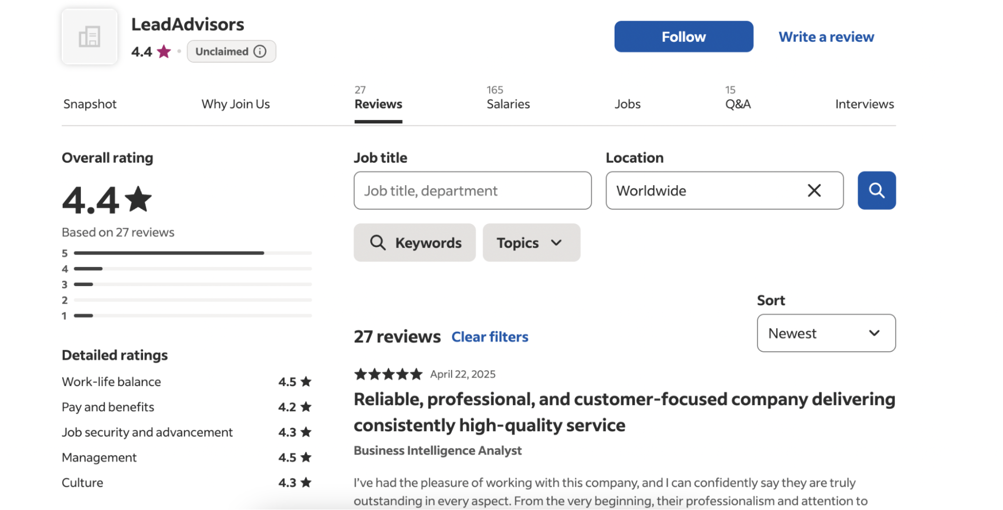 A company profile page for LeadAdvisors on a review website shows an overall rating of 4.4 out of 5 from 27 reviews, featuring Brand Mentions, job title and location search filters, and a highlighted customer review.