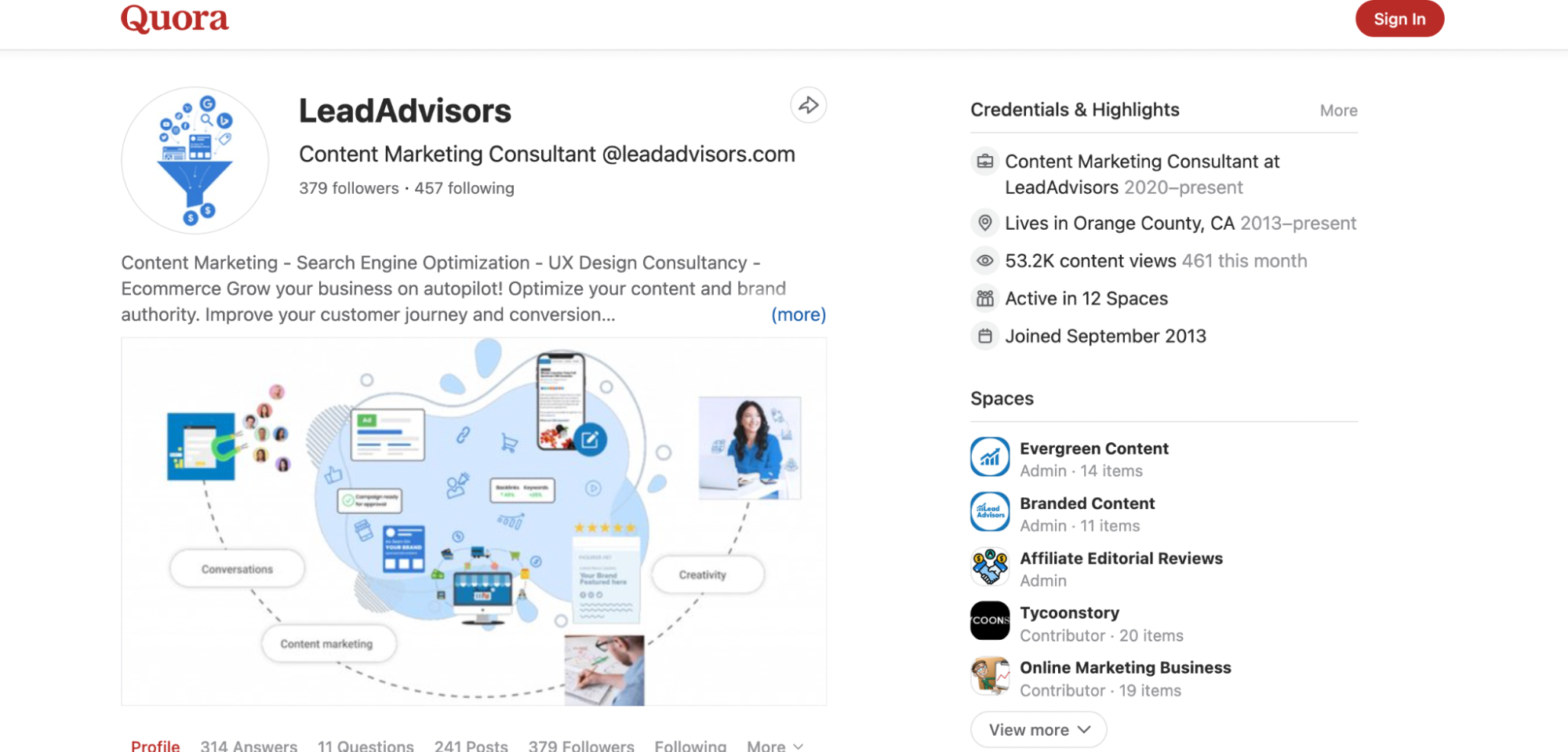A Quora profile for LeadAdvisors, a content marketing consultant, featuring profile details, credentials, brand mentions, highlights, and various related spaces on the right side of the page.