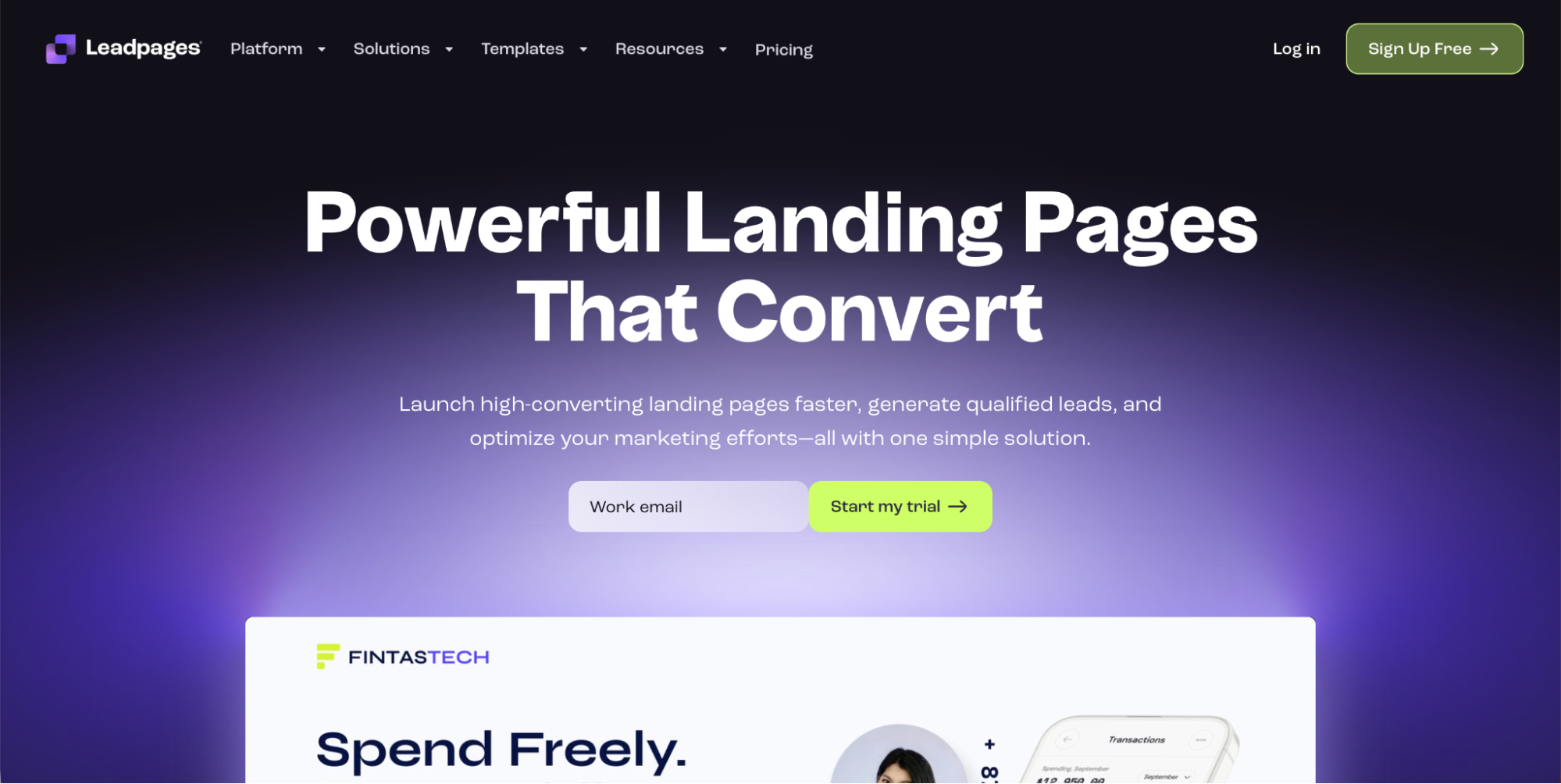 Screenshot of a Leadpages website homepage with the headline Powerful Landing Pages That Convert, an email signup field, and a green Start my trial button over a purple gradient background—ideal for those seeking Linktree Alternatives.