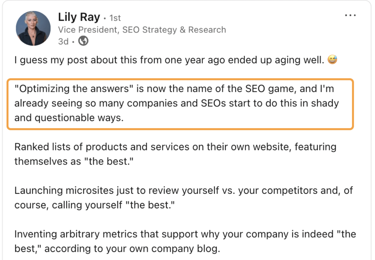 A LinkedIn post by Lily Ray discusses SEO trends, highlighting how companies optimize answers—debating LLMO vs. GEO vs. AEO—and sometimes use questionable tactics to appear as the best on their websites and blogs.