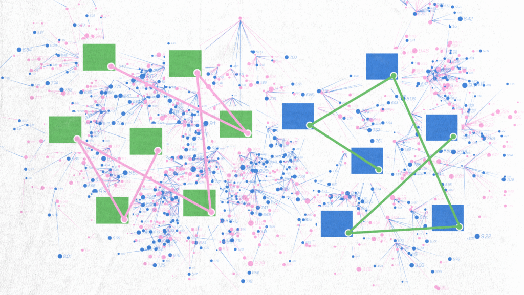 A complex network diagram with green and blue squares connected by bold lines, overlaid on a background of interconnected pink and blue dots and thin lines, representing data connections or a neural network.