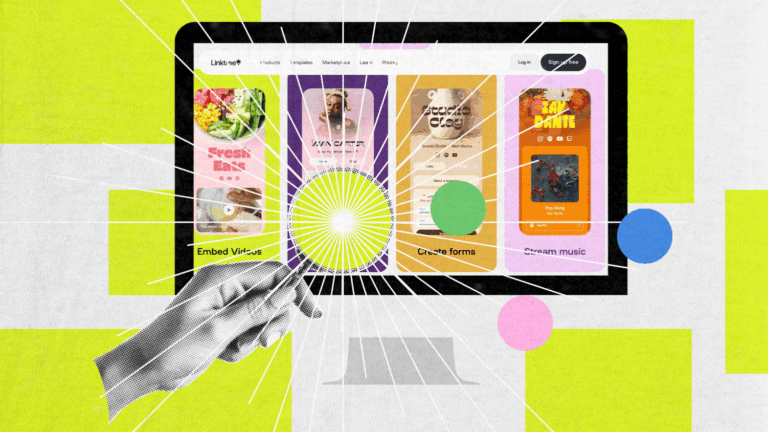 A stylized collage shows a hand pointing at a computer monitor displaying colorful website templates, including food, music, and form designs—perfect inspiration for exploring Linktree Alternatives—amid abstract geometric shapes and dynamic bursts.