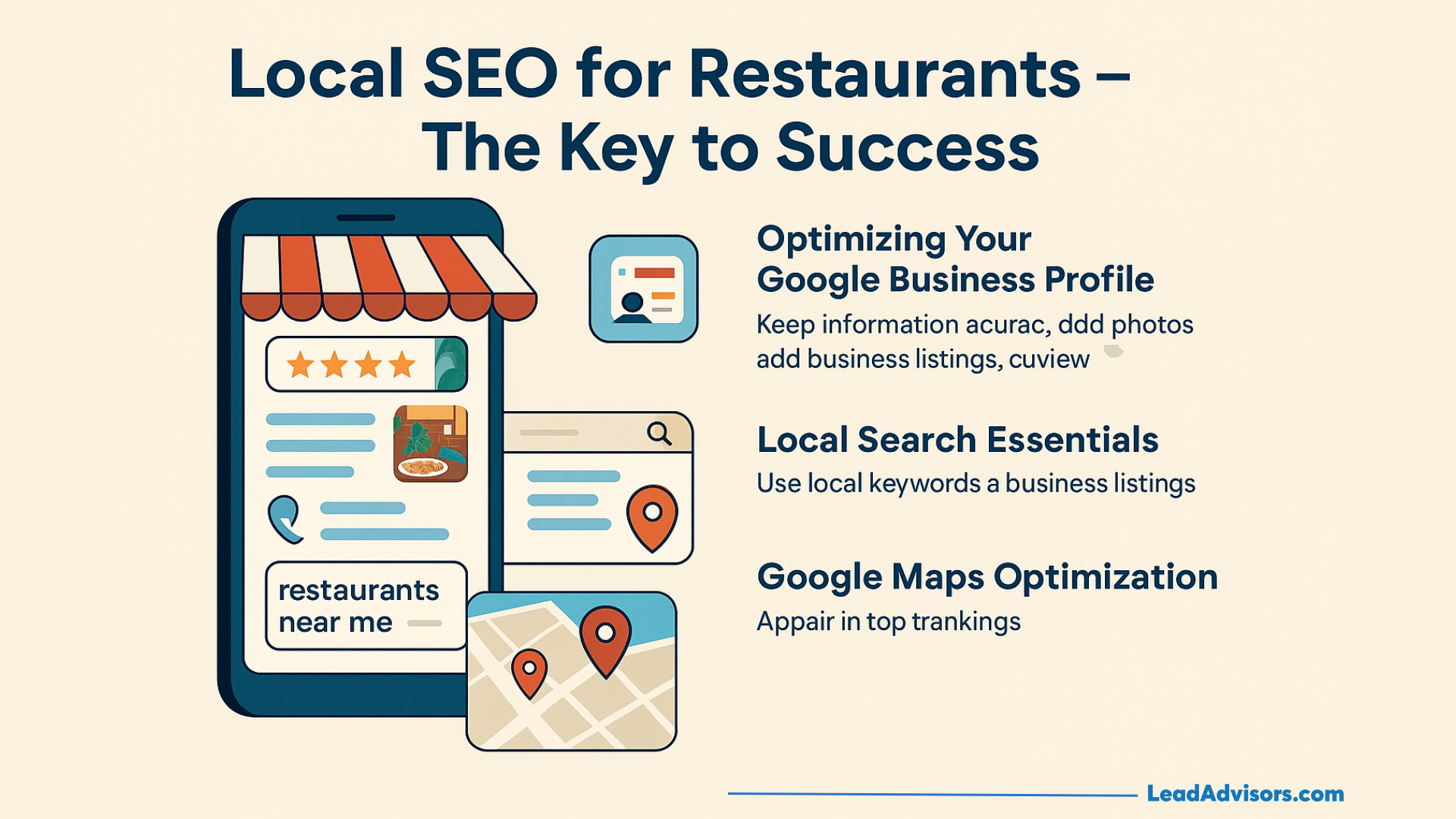 A graphic titled Local SEO for Restaurants – The Key to Success shows a phone screen with a map and review stars. Tips listed include optimizing business profiles, using local keywords, and appearing in Google Maps rankings.