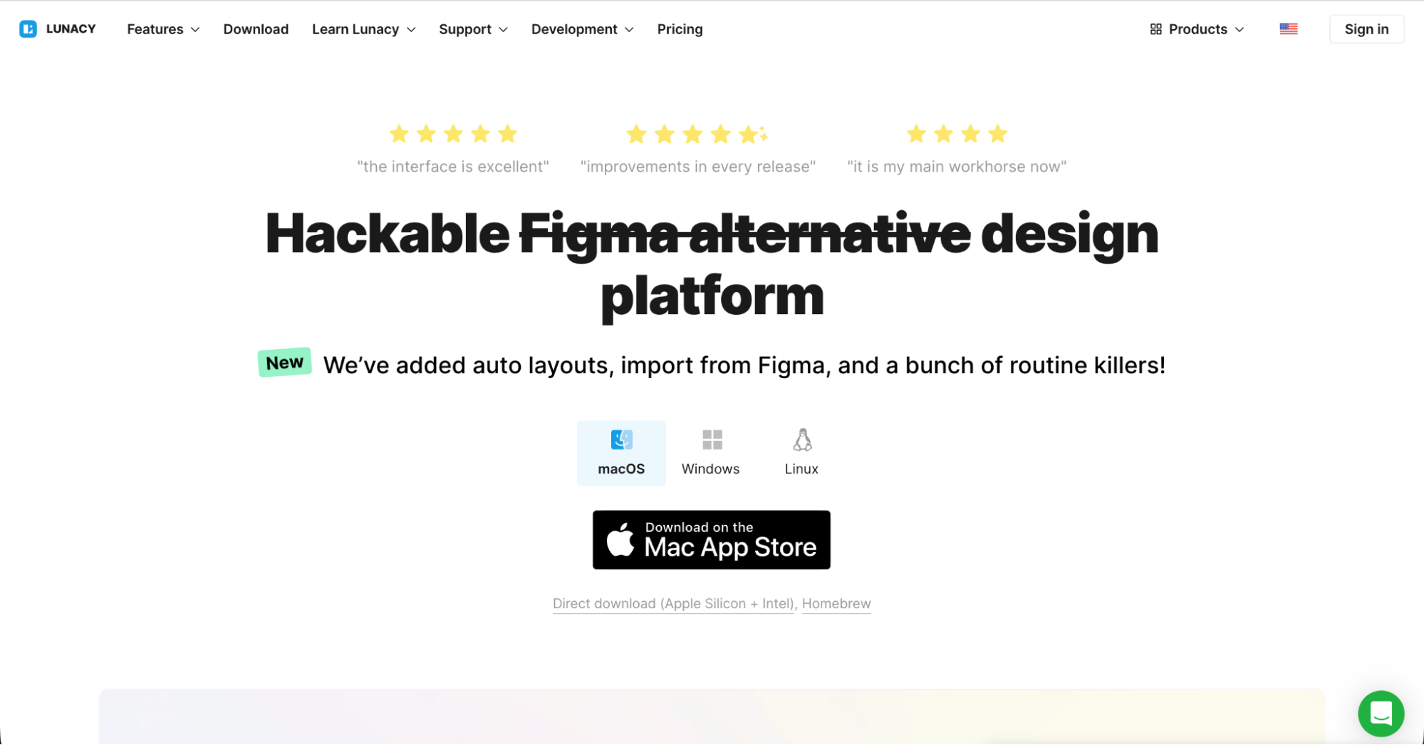 Screenshot of a website promoting a Hackable Figma alternative design platform—ideal for those seeking Canva alternatives—with star reviews, support for macOS, Windows, Linux, and a prominent Mac App Store download button.