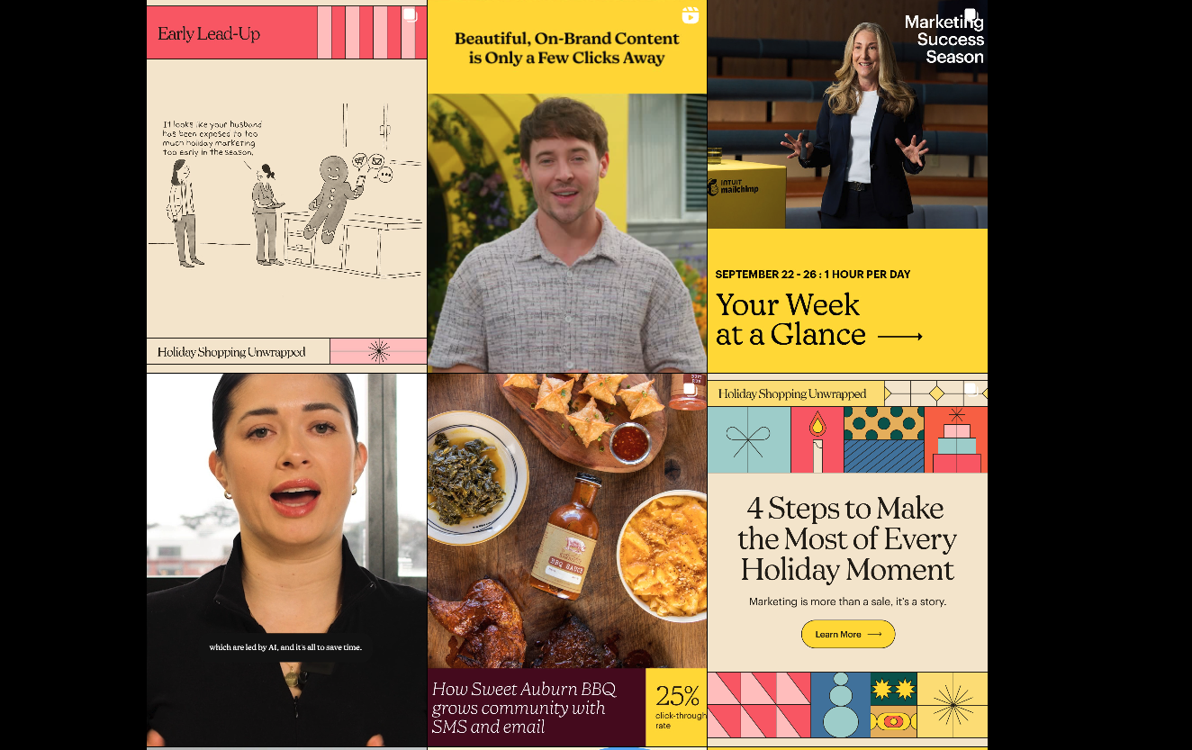A collage with six sections featuring people speaking, food, and text about marketing tips, holiday content, email success, and a strong social media plan—all on colorful backgrounds with business-themed illustrations.