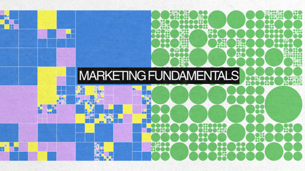 Colorful abstract blocks and circles in blue, green, yellow, and purple, split down the center. "Marketing Fundamentals" stands out in bold white letters on a black rectangle at the center of this vibrant design.