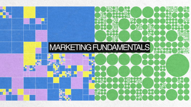 Colorful abstract blocks and circles in blue, green, yellow, and purple, split down the center. "Marketing Fundamentals" stands out in bold white letters on a black rectangle at the center of this vibrant design.