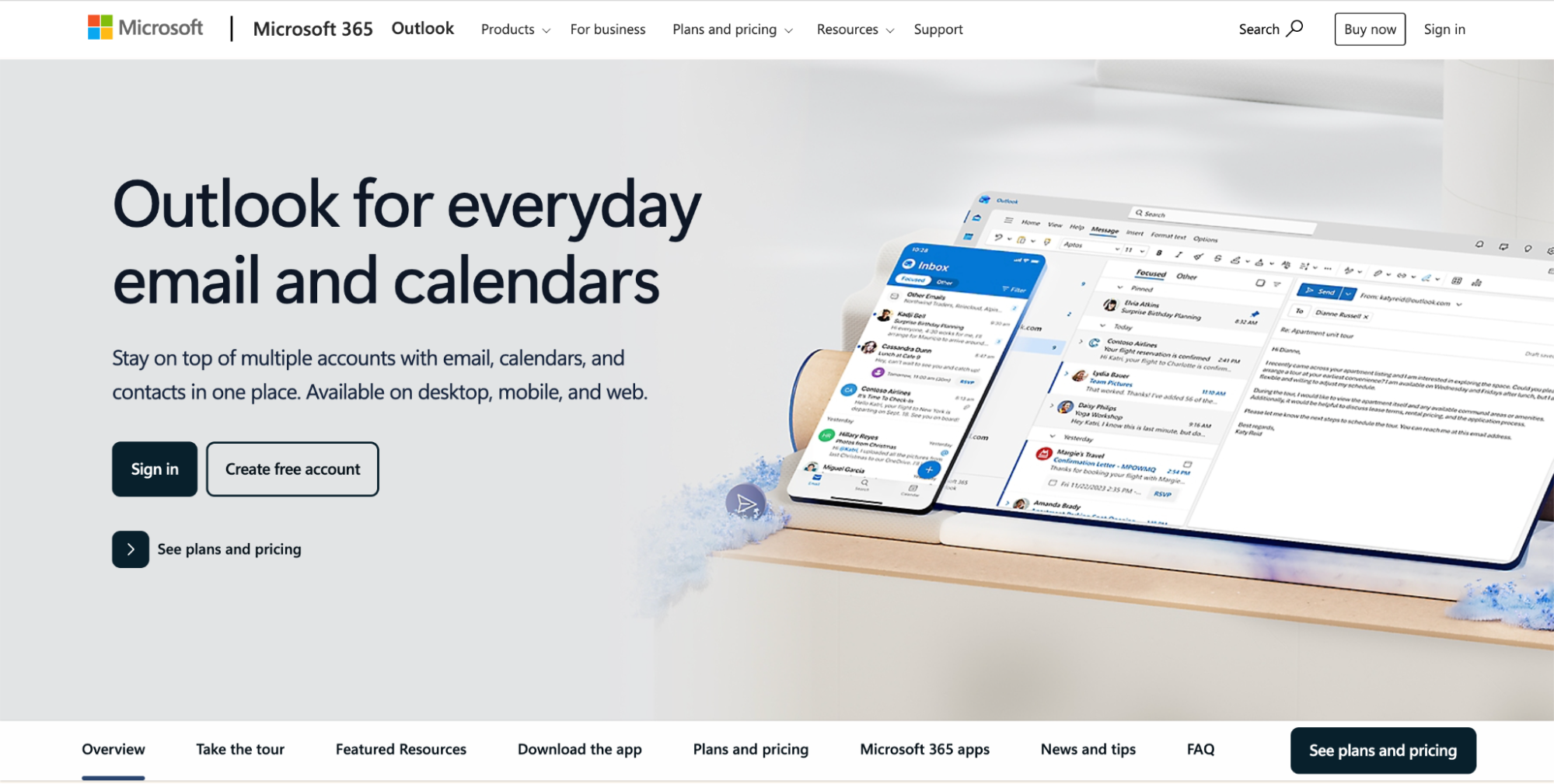 Screenshot of the Microsoft Outlook homepage featuring the tagline “Outlook for everyday email and calendars” with options to sign up or see plans. A laptop displays the Outlook interface with email and calendar views.