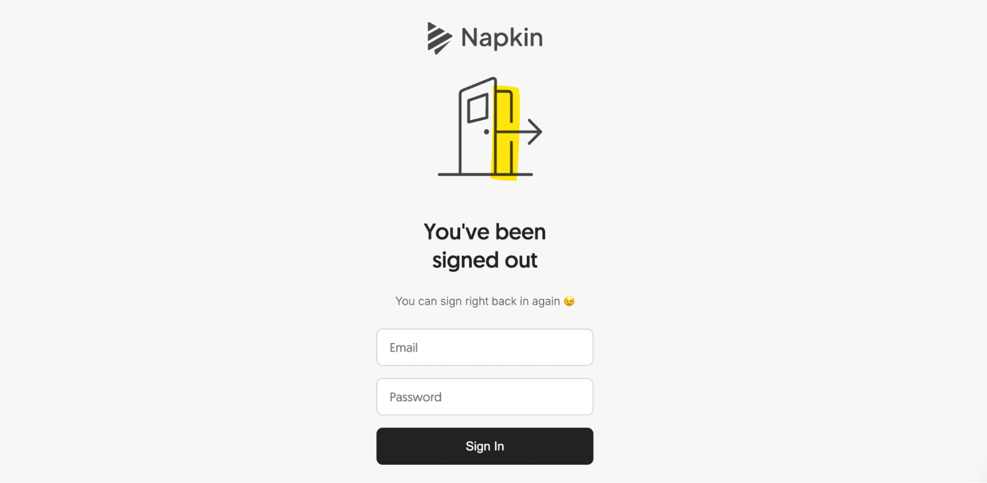 Login screen for Napkin app showing a message that says Youve been signed out. Below are fields for email and password, a Sign in button, and an illustration of a door with a yellow arrow.