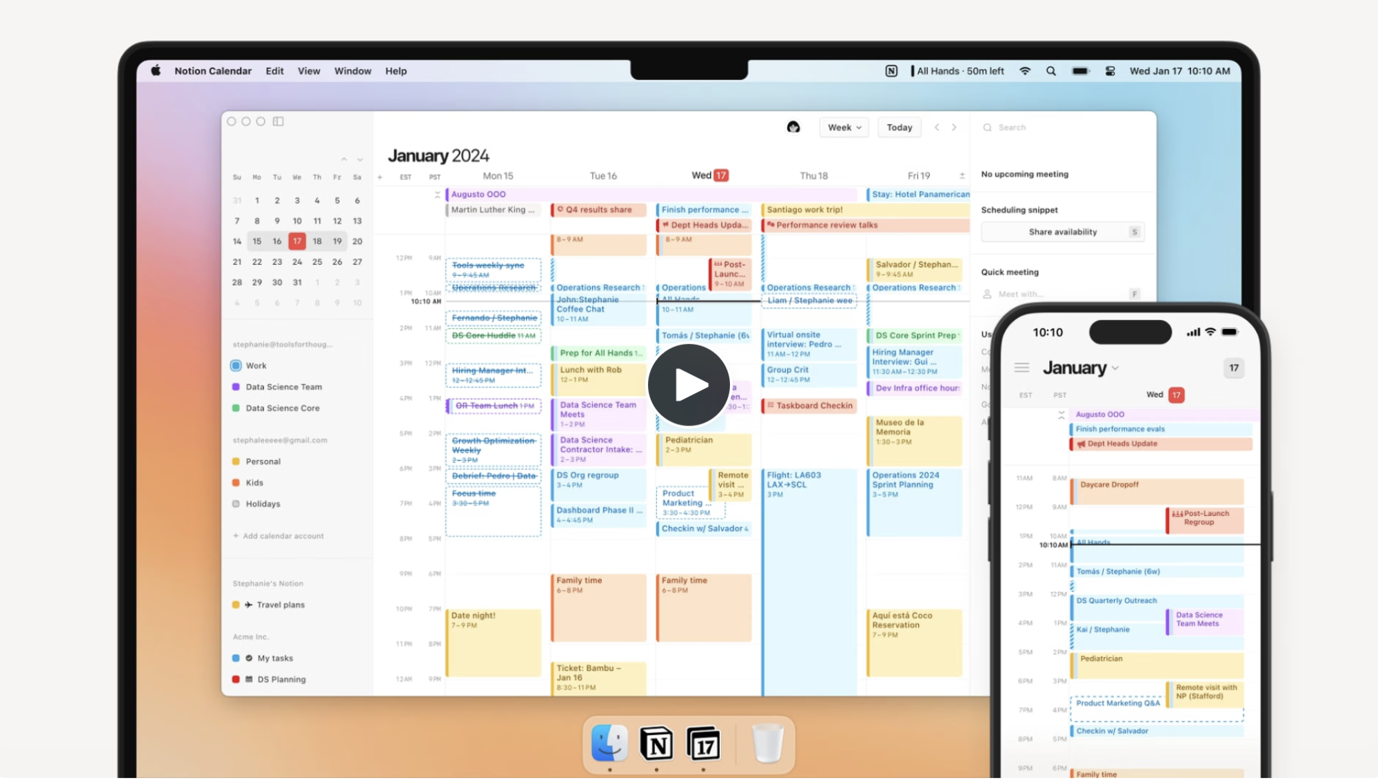 A computer and smartphone display a digital calendar for January 2024, filled with color-coded events and meetings. Both screens show detailed daily and weekly schedules with various calendar entries.